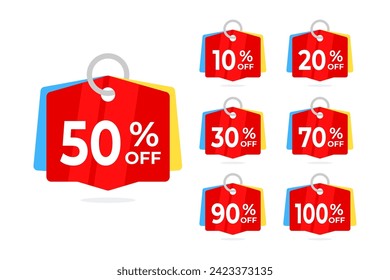 Set of discount coupon or shopping tag from 10 to 100 percent off price reduction badge promotion. Vector illustration.