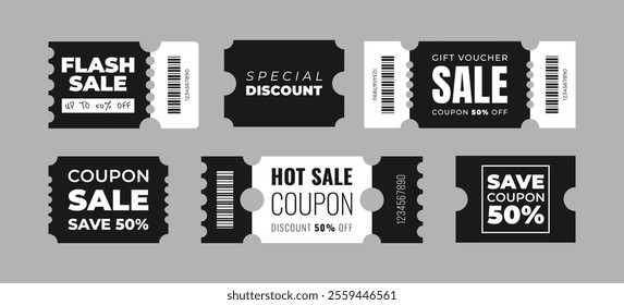 Set of discount coupon templates with sale text. Concept voucher for special offer, promotion, announcement, advertising, save discount. Black, white colors. Vector illustration