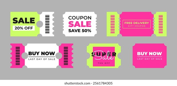 Set of discount coupon templates with sale text. Concept voucher for special offer, buy now, promotion, announcement, advertising. Pink, yellow, black, white colors. Vector illustration