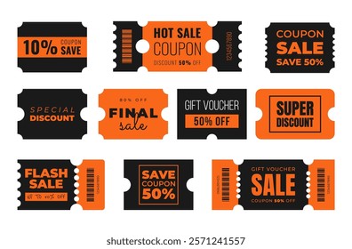 Set discount coupon templates with sale text. Concept voucher for special offer, promotion, announcement, online shopping, advertising. Orange, black colors. Vector illustration transparent background