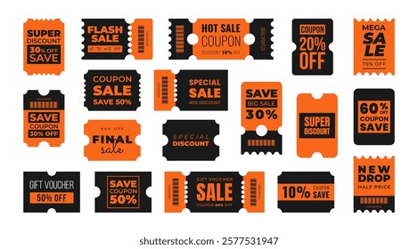 Set of discount coupon templates with sale text. Concept voucher for special offer, promotion, online shopping, advertising. Orange, black colors. Vector illustration