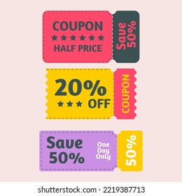 Set of discount coupon. Voucher promo code. Cash back coupon discount.