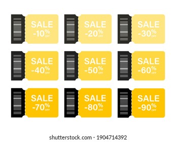 Set von Rabattcoupons von 10 bis 90 Prozent. Moderne Vektorgrafik. Discount-Kartensammlung mit Sonderangebot auf weißem Hintergrund.