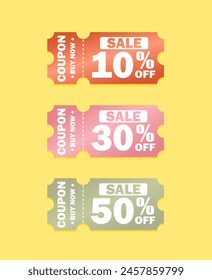 Set of discount coupons, 50% off, 30% off, 10% off. Vector illustration.