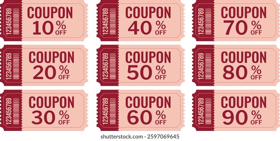 Set of discount coupons with different discount amounts.
