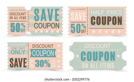 Set of discount coupons in different shapes. Gift voucher with coupon code.  Sale and discount or gift concept.  Vector illustration.