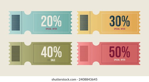 Set of discount coupons and gift cards. Discount voucher. Colorful coupon model for special offer. Png