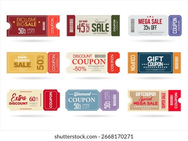 Set of discount coupons and gift voucher in different shapes isolated on white background