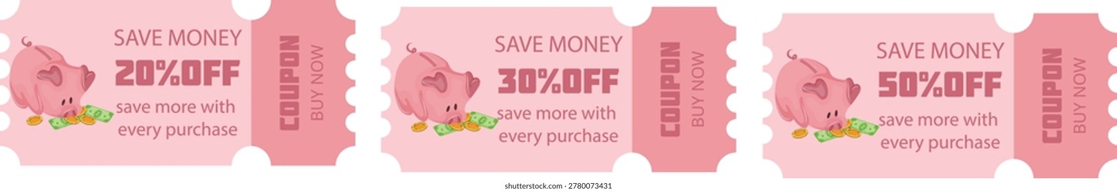 set of discount coupons with pink piglets sniffing money and various discount percentages, finance-themed icon, for promotions, Black Fridays and seasonal discounts