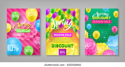 Set discount coupons, spring sale, bright background. Collection of multi-colored invitation flyers for the fair, event and so on. Vector illustration of banner patterns