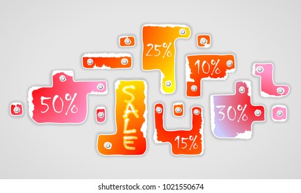 Set of discount coupons, torn paper with a place for text, sale discounts, bright color banners, brochures, flyers to buy. Background for marketing, template design, price tag
