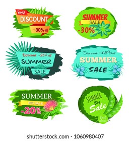 Set of discount emblems 30% off summer big sale promo labels with tropical flowers on palm trees, advertisement stickers collection isolated on white