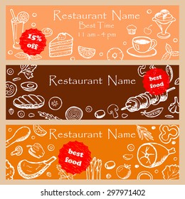 Set discount fliers for restaurants. Vector illustration for banners, posters, fliers, web design with hand drawn doodle elements