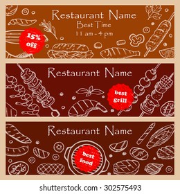 Set discount fliers for restaurants. Vector illustration for banners, posters, fliers, web design with hand drawn doodle elements