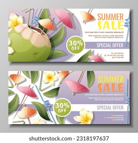 Set von Discount-Flyer-Vorlagen mit Kokoscocktail, Regenschirmen und Frangipani-Blumen. Coupon für Sommerverkäufe.