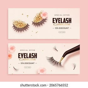 Set of discount horizontal banner with realistic false lashes, lash extension tools and flowers on pink background. Vector illustration