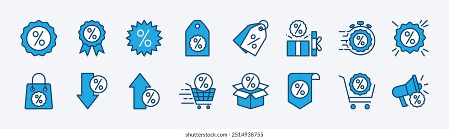 Conjunto de Vector de icono de descuento. Conteniendo arriba y abajo porcentaje, etiqueta, etiqueta de Precio, Cupón, promoción especial, promoción, oferta rápida, producto de la venta, venta, etiqueta engomada, insignia, etiqueta de compras, Carrito, Precios