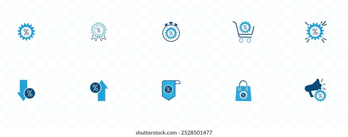 Conjunto de Vector de icono de descuento. Conteniendo arriba y abajo porcentaje, etiqueta, etiqueta de Precio, Cupón, promoción especial, promoción, oferta rápida, producto de la venta, venta, etiqueta engomada, insignia, etiqueta de compras, Carrito