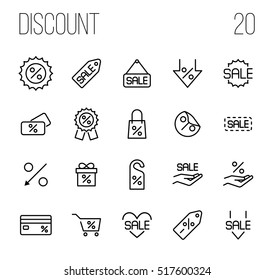 Set of discount icons in modern thin line style. High quality black outline sale symbols for web site design and mobile apps. Simple linear discount pictograms on a white background.