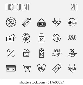 Set of discount icons in modern thin line style. High quality black outline sale symbols for web site design and mobile apps. Simple linear discount pictograms on a white background.