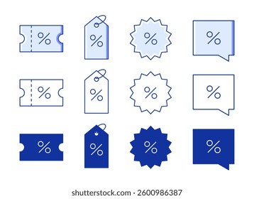 Set of discount icons with percentage in different style. Coupon, shopping tag, speech bubble. Vector illustration
