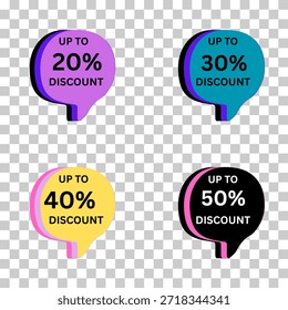 Conjunto de etiqueta de descuento de hasta el 20%, 30%, 40%, 50%, icono de ventas sobre un fondo transparente. 