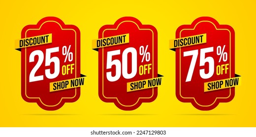 Set of discount label with chinese ornament vector illustration, sale banner for promotional 25% off, 50% off, 75% off special offer tag sticker design element for oriental event sale