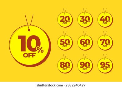 Set of discount label with different sale percentage. Special offer sale discount label collection. 10, 20, 30, 40, 50, 60, 70, 80, 90, 95 percent off