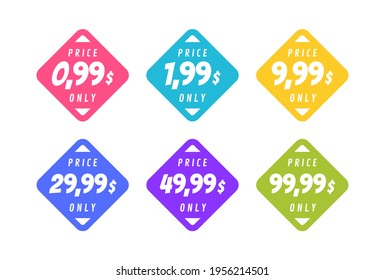 Set discount label. Sale 0.99 1.99 9.99 29.99 49,99 and 99,99 dollars only offer badge. Banner template for business, shops, advertising , discount, sale. Modern flat style vector illustration.