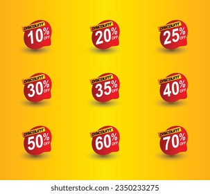 Juego de ilustraciones vectoriales de etiqueta de descuento, banner de venta para promocional 10% , 20% , 25% 30% 35% 40% 50% 60% 70% de descuento de elemento de diseño de etiqueta de oferta especial