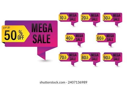 Set of discount label vector Illustration 10, 20, 30, 40, 50, 60, 70, 80, 90 percent, Promotion purple and yellow.