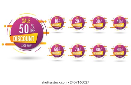 Set of discount label vector Illustration 10, 20, 30, 40, 50, 60, 70, 80, 90 percent, Promotion purple and yellow design for advertising campaign