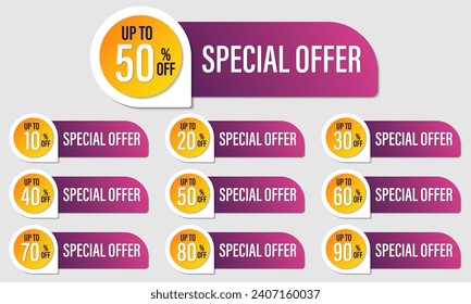 Set of discount label vector Illustration 10, 20, 30, 40, 50, 60, 70, 80, 90 percent, Promotion purple and yellow design for advertising campaign