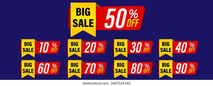 Set of discount label vector Illustration 10, 20, 30, 40, 50, 60, 70, 80, 90 percent, Promotion red and yellow design for an advertising campaign