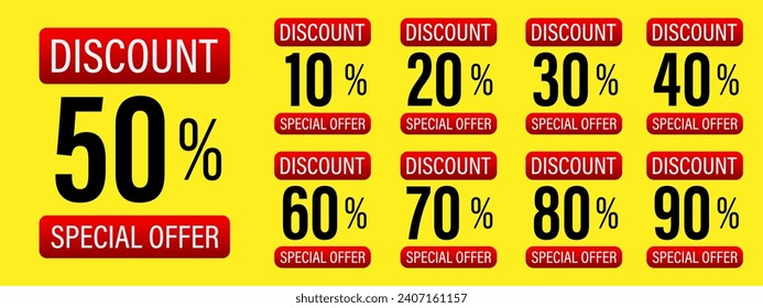 Set of discount label vector Illustration 10, 20, 30, 40, 50, 60, 70, 80, 90 percent, Promotion red and yellow design for an advertising campaign