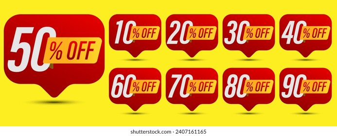 Set of discount label vector Illustration 10, 20, 30, 40, 50, 60, 70, 80, 90 percent, Promotion red and yellow design for an advertising campaign