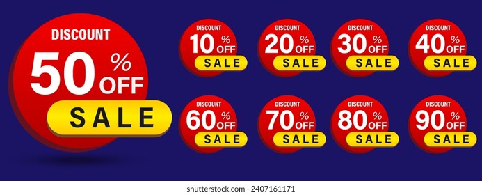 Set of discount label vector Illustration 10, 20, 30, 40, 50, 60, 70, 80, 90 percent, Promotion red and yellow design for an advertising campaign