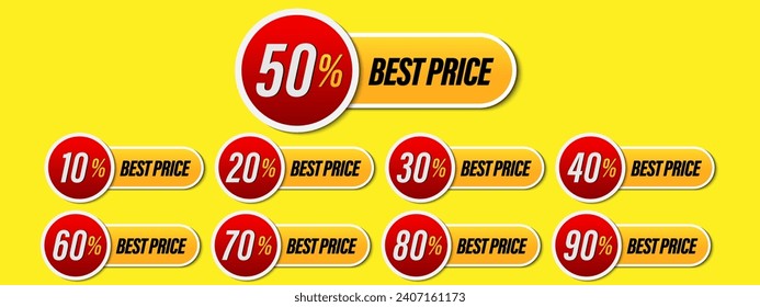 Set of discount label vector Illustration 10, 20, 30, 40, 50, 60, 70, 80, 90 percent, Promotion red and yellow design for an advertising campaign