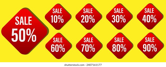 Set of discount label vector Illustration 10, 20, 30, 40, 50, 60, 70, 80, 90 percent, Promotion red and yellow design for an advertising campaign