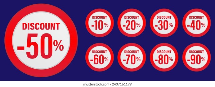 Juego de etiquetas de descuento vector Ilustración 10, 20, 30, 40, 50, 60, 70, 80, 90 por ciento, Promoción diseño rojo y amarillo para una campaña publicitaria