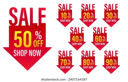 Set von Discount-Label, Vektorgrafik 10, 20, 30, 40, 50, 60, 70, 80, 90 Prozent, Werbenummerndesign für eine Werbekampagne im Einzelhandel 