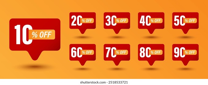 Set of discount label vector Illustration. 10, 20, 30, 40, 50, 60, 70, 80, 90 percent. Promotion red design for an advertising campaign