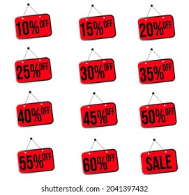 Set of discount labels 10%, 15%, 20%, 25%, 30%, 35%, 40%, 45%, 50% on red design plates, off and sale discount label