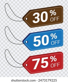 "Set of discount labels: 30%,50%,75% off sale banners and special offer tag stickers. Vector design."