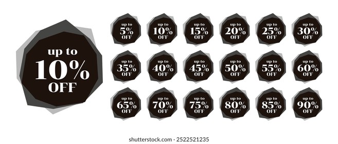 Conjunto de etiquetas de desconto. 5, 10, 15, 20, 25, 30, 35, 40, 45, 50, 55, 60, 65, 70, 75, 80, 85, 90%. Formas irregulares. Cinza e preto.