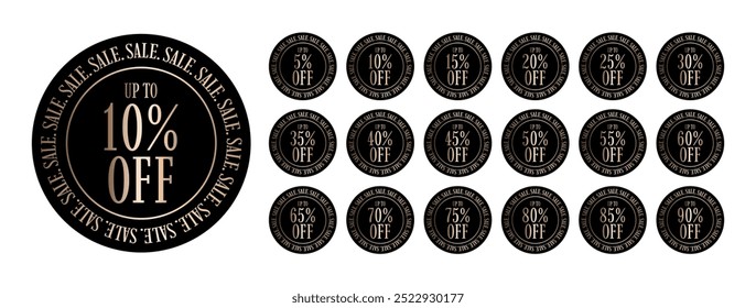 Set of discount labels. Up to 5, 10, 15, 20, 25, 30, 35, 40, 45, 50, 55, 60, 65, 70, 75, 80, 85, 90 percent. Black stickers with gold letters. Promotional labels.