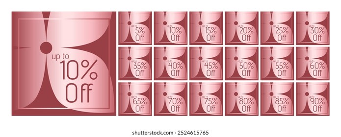 Set of discount labels. 5, 10, 15, 20, 25, 30, 35, 40, 45, 50, 55, 60, 65, 70, 75, 80, 85, 90 percent. Pink frame with metallic effect. Pink flower in the dark red background.