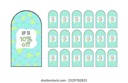 Set of discount labels. Up to 5, 10, 15, 20, 25, 30, 35, 40, 45, 50, 55, 60, 65, 70, 75, 80, 85, 90 percent off written on a blue and green stained glass.