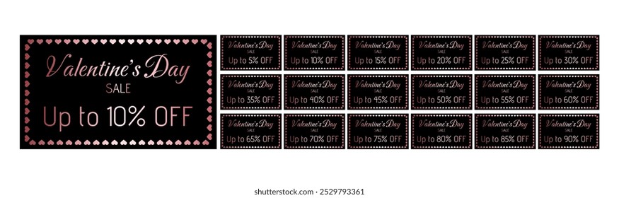 Set of discount labels. Up to 5, 10, 15, 20, 25, 30, 35, 40, 45, 50, 55, 60, 65, 70, 75, 80, 85, 90 percent off. Valentine's Day sale. Metallic pink with dark background. Hearts frame.