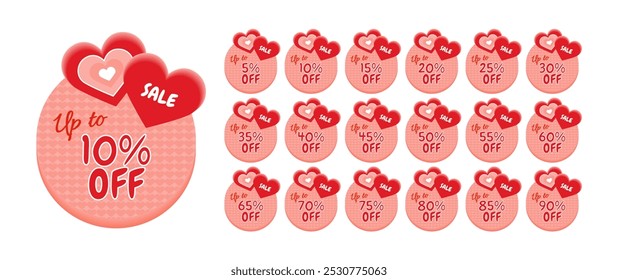 Set of discount labels. Up to 5, 10, 15, 20, 25, 30, 35, 40, 45, 50, 55, 60, 65, 70, 75, 80, 85, 90 percent off. Hearts in a circle with hearts pattern. Pink and red.